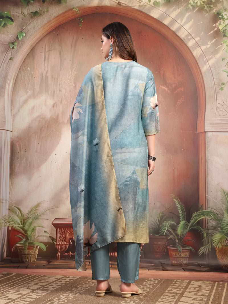 Women Green Printed Silk Kurta Trouser Set with Dupatta