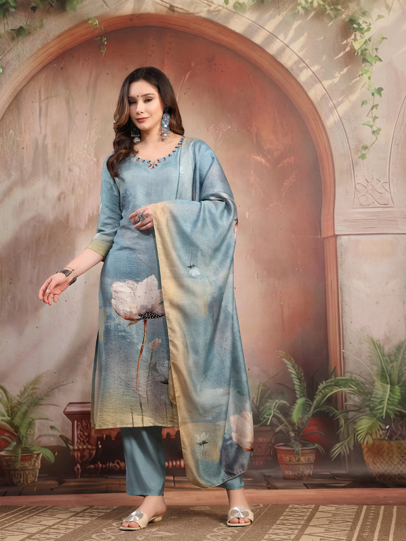 Women Green Printed Silk Kurta Trouser Set with Dupatta