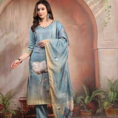 Women Green Printed Silk Kurta Trouser Set with Dupatta