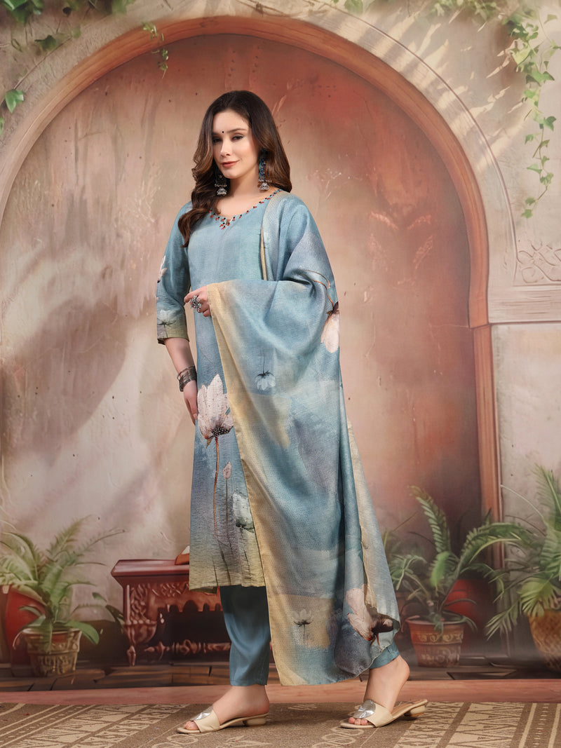 Women Green Printed Silk Kurta Trouser Set with Dupatta