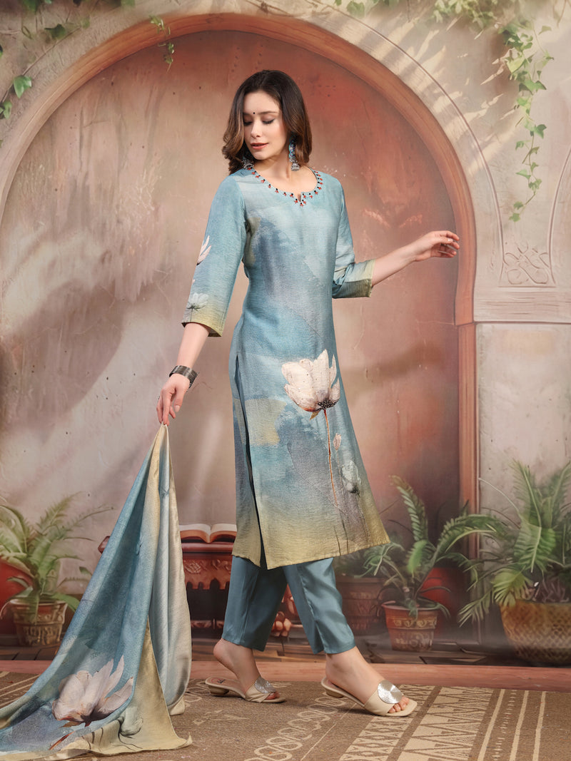 Women Green Printed Silk Kurta Trouser Set with Dupatta