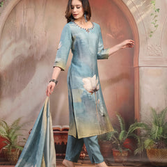 Women Green Printed Silk Kurta Trouser Set with Dupatta