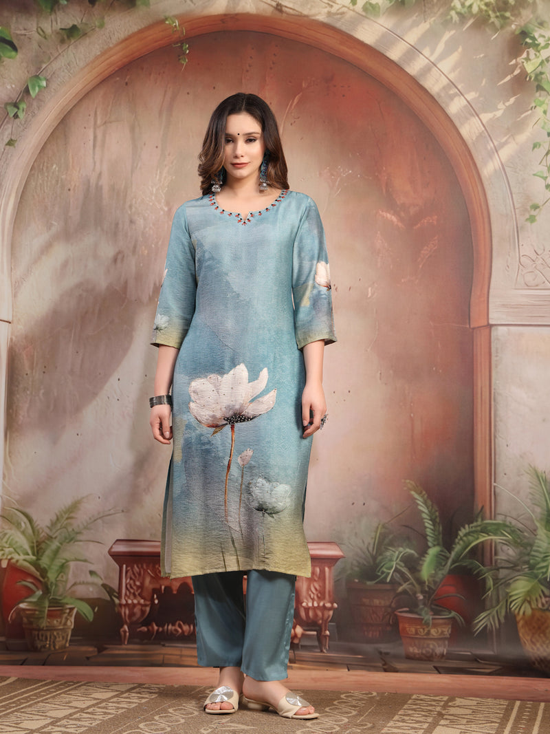Women Green Printed Silk Kurta Trouser Set with Dupatta