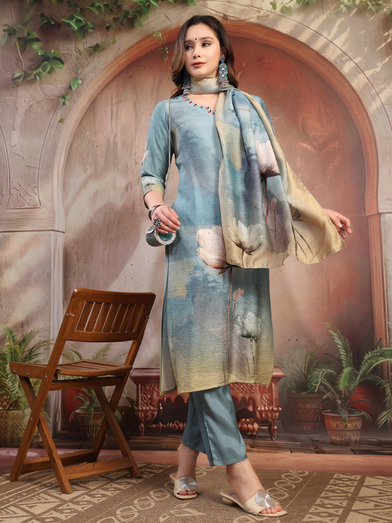 Women Green Printed Silk Kurta Trouser Set with Dupatta