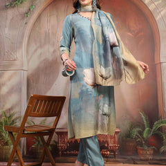 Women Green Printed Silk Kurta Trouser Set with Dupatta