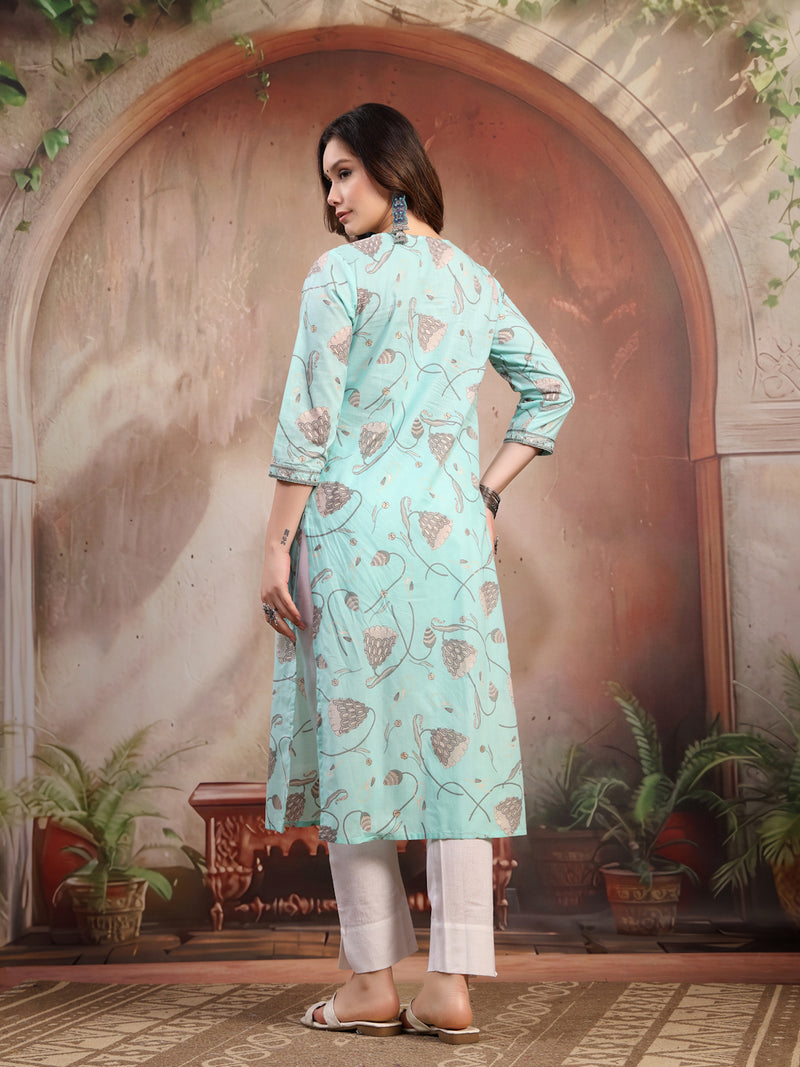 Women Green Embroidered Cotton Kurta