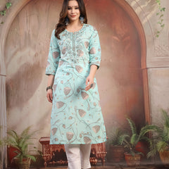 Women Green Embroidered Cotton Kurta