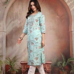 Women Green Embroidered Cotton Kurta