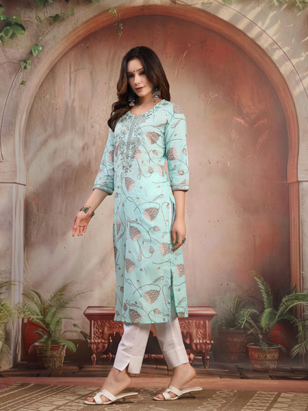 Women Green Embroidered Cotton Kurta