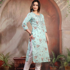Women Green Embroidered Cotton Kurta