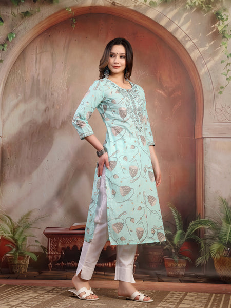 Women Green Embroidered Cotton Kurta