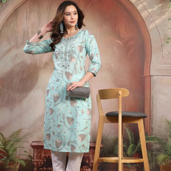 Women Green Embroidered Cotton Kurta