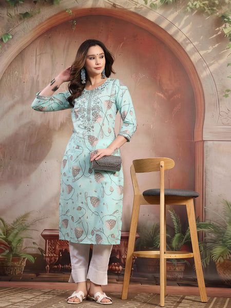 Women Green Embroidered Cotton Kurta