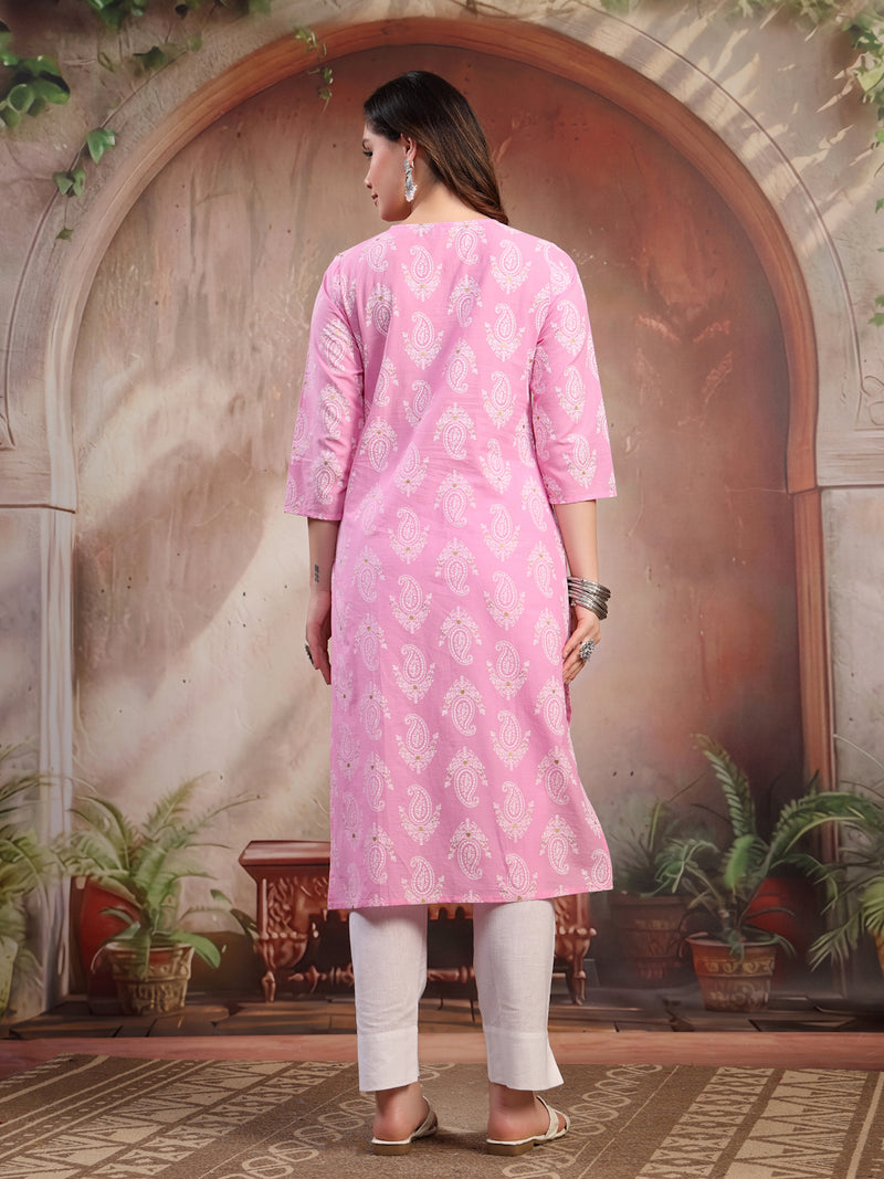 Women Pink Embroidered Cotton Kurta