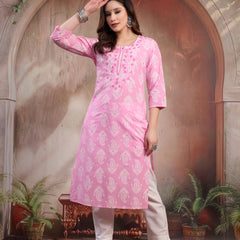 Women Pink Embroidered Cotton Kurta