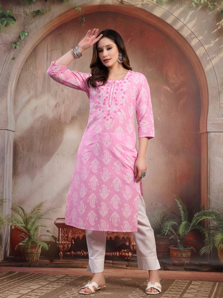Women Pink Embroidered Cotton Kurta