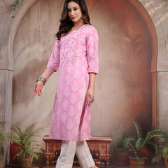 Women Pink Embroidered Cotton Kurta
