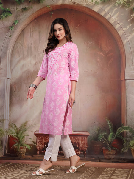 Women Pink Embroidered Cotton Kurta