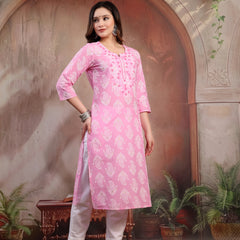Women Pink Embroidered Cotton Kurta