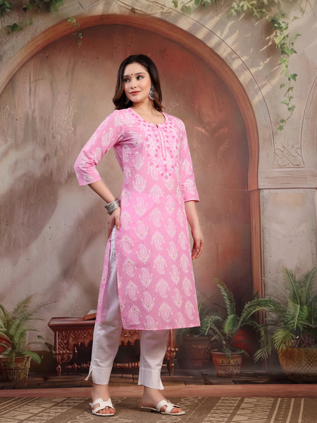 Women Pink Embroidered Cotton Kurta
