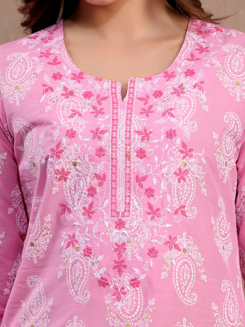Women Pink Embroidered Cotton Kurta