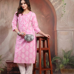 Women Pink Embroidered Cotton Kurta