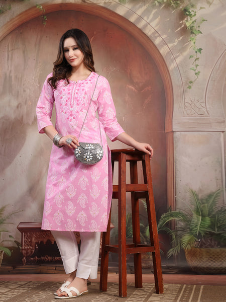 Women Pink Embroidered Cotton Kurta
