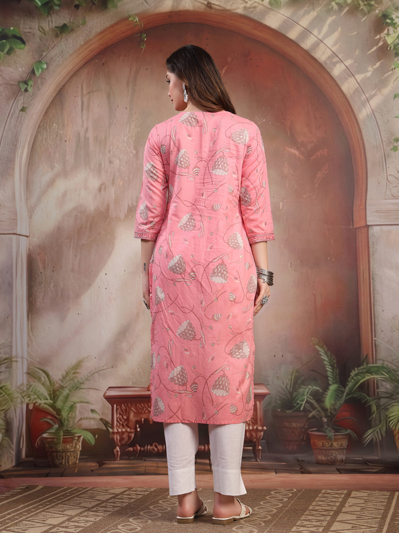 Women Peach Embroidered Cotton Kurta