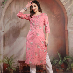Women Peach Embroidered Cotton Kurta