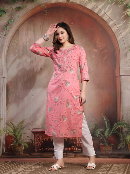 Women Peach Embroidered Cotton Kurta