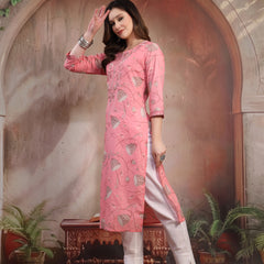 Women Peach Embroidered Cotton Kurta