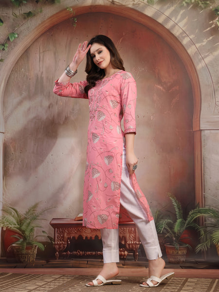 Women Peach Embroidered Cotton Kurta