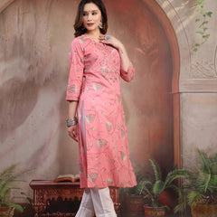 Women Peach Embroidered Cotton Kurta