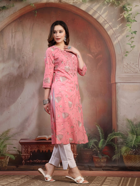 Women Peach Embroidered Cotton Kurta