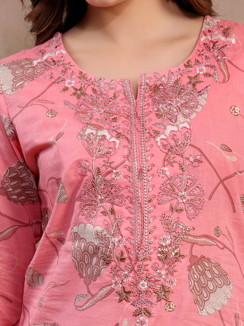 Women Peach Embroidered Cotton Kurta
