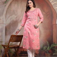 Women Peach Embroidered Cotton Kurta
