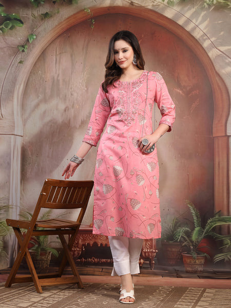 Women Peach Embroidered Cotton Kurta