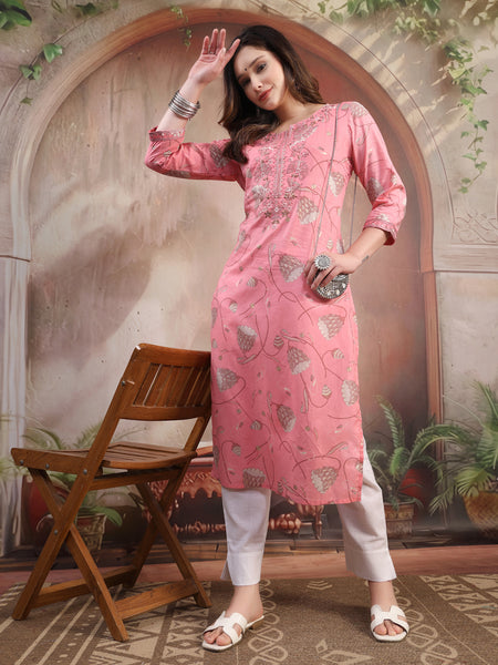 Women Peach Embroidered Cotton Kurta