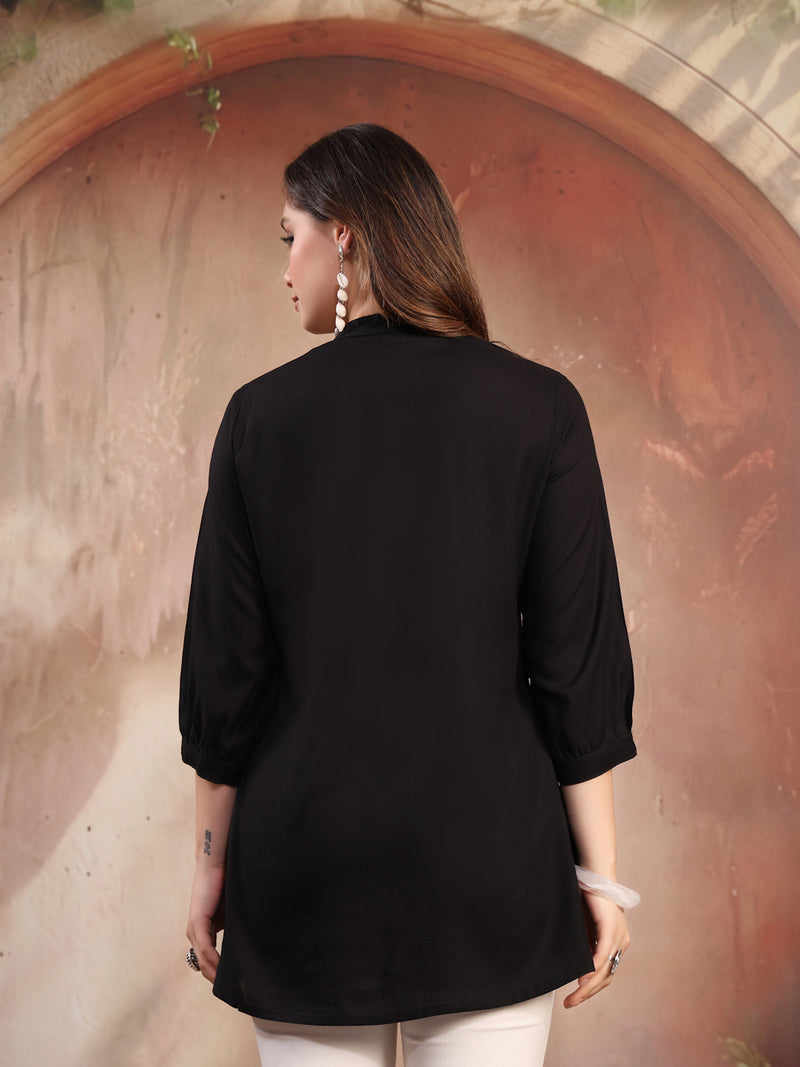 Women Black Embroidered Rayon Top