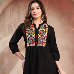 Women Black Embroidered Rayon Top