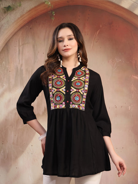 Women Black Embroidered Rayon Top
