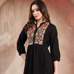 Women Black Embroidered Rayon Top