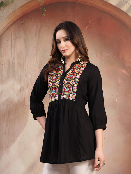 Women Black Embroidered Rayon Top