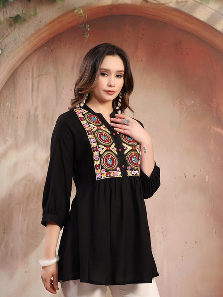 Women Black Embroidered Rayon Top