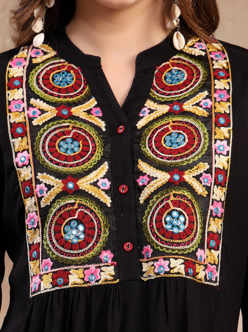 Women Black Embroidered Rayon Top