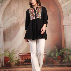 Women Black Embroidered Rayon Top