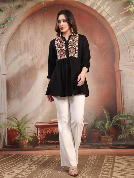 Women Black Embroidered Rayon Top
