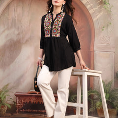 Women Black Embroidered Rayon Top
