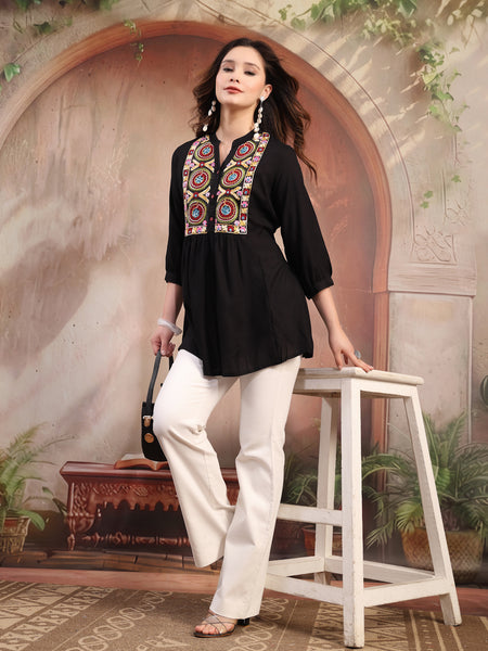 Women Black Embroidered Rayon Top