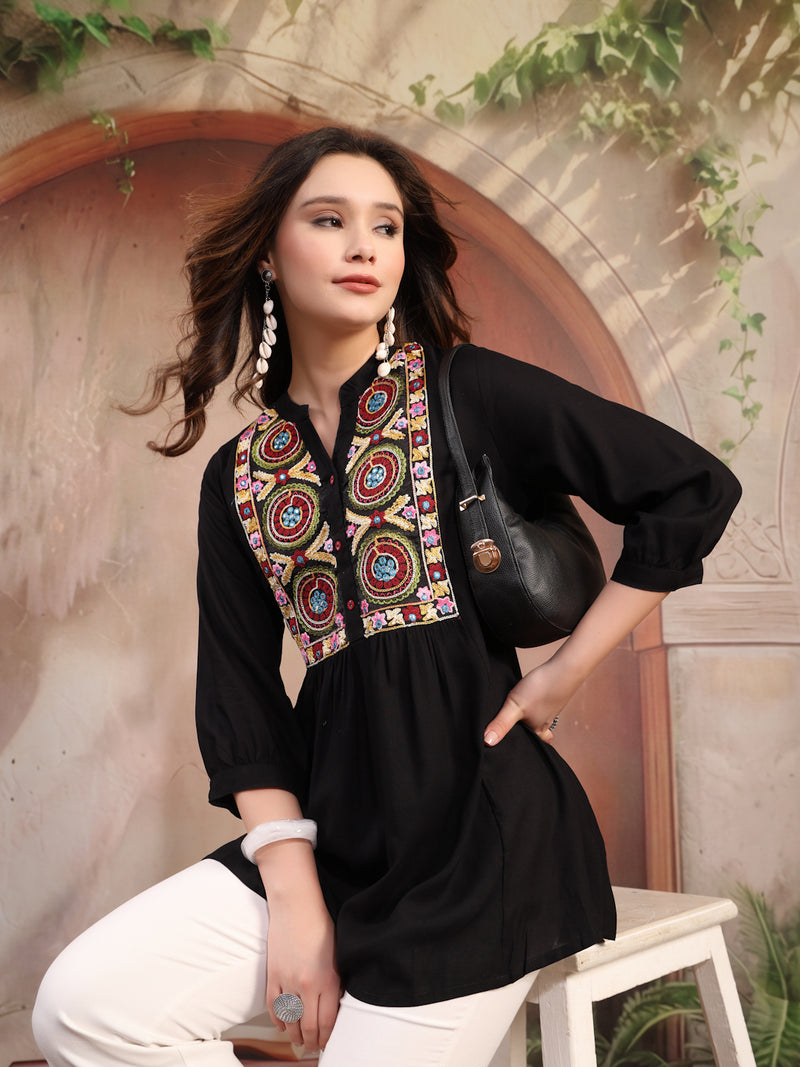 Women Black Embroidered Rayon Top